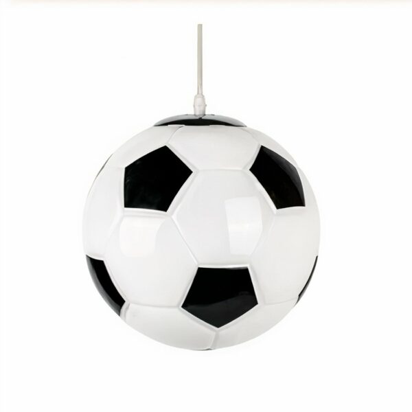 Hanging chandelier in the shape of a black and white football on a white background.