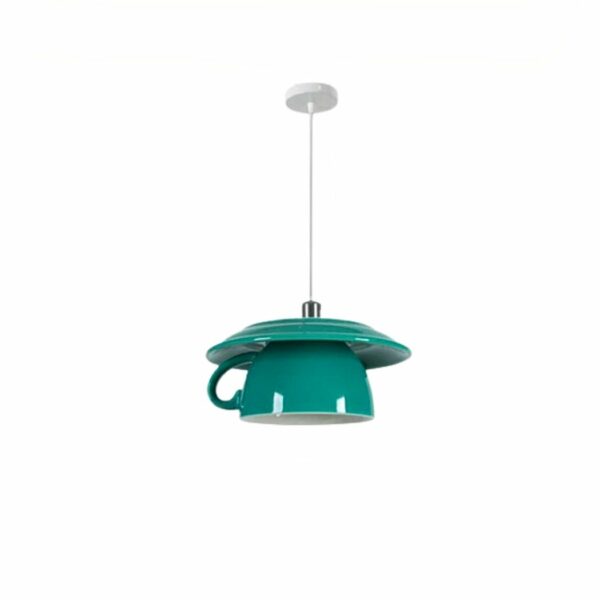 on voit sur un fond blanc une suspension bleu canard en forme de tasse à thé retournée