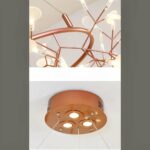 Collage of a copper branch chandelier detail and a copper flush ceiling light