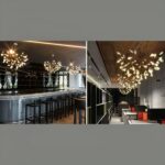 Collage of branch shaped LED pendant chandeliers lit above a bar and an office