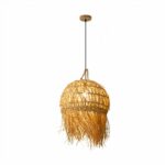 Round woven straw pendant lamp with a frayed fringe on a plain background
