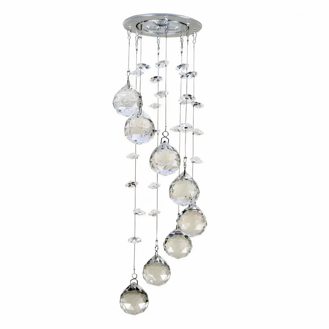 Small ceiling chandelier with hanging drops Silver ceiling chandelier with transparent glass water droplets suspended by wires at different heights to create a spiral effect.