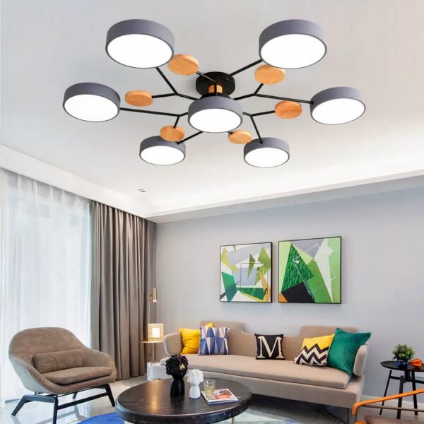 Wood and metal Scandinavian-style adult bedroom chandelier hanging from the ceiling of a living room and in its gray version.