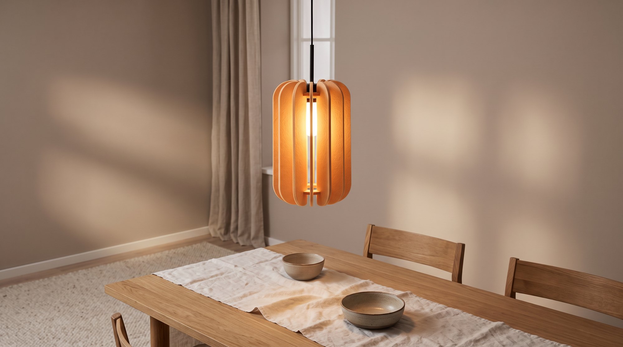 Natural-toned felt pendant light lit over an oak dining table with a linen runner, against soft warm taupe walls, in the evening