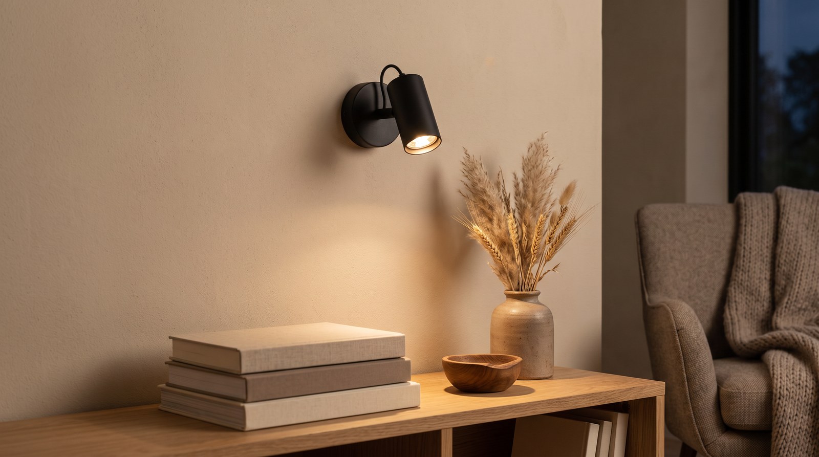 Black wall light with an adjustable spotlight lit above a low oak bookshelf, casting a warm cone of light on books and a vase, in the evening