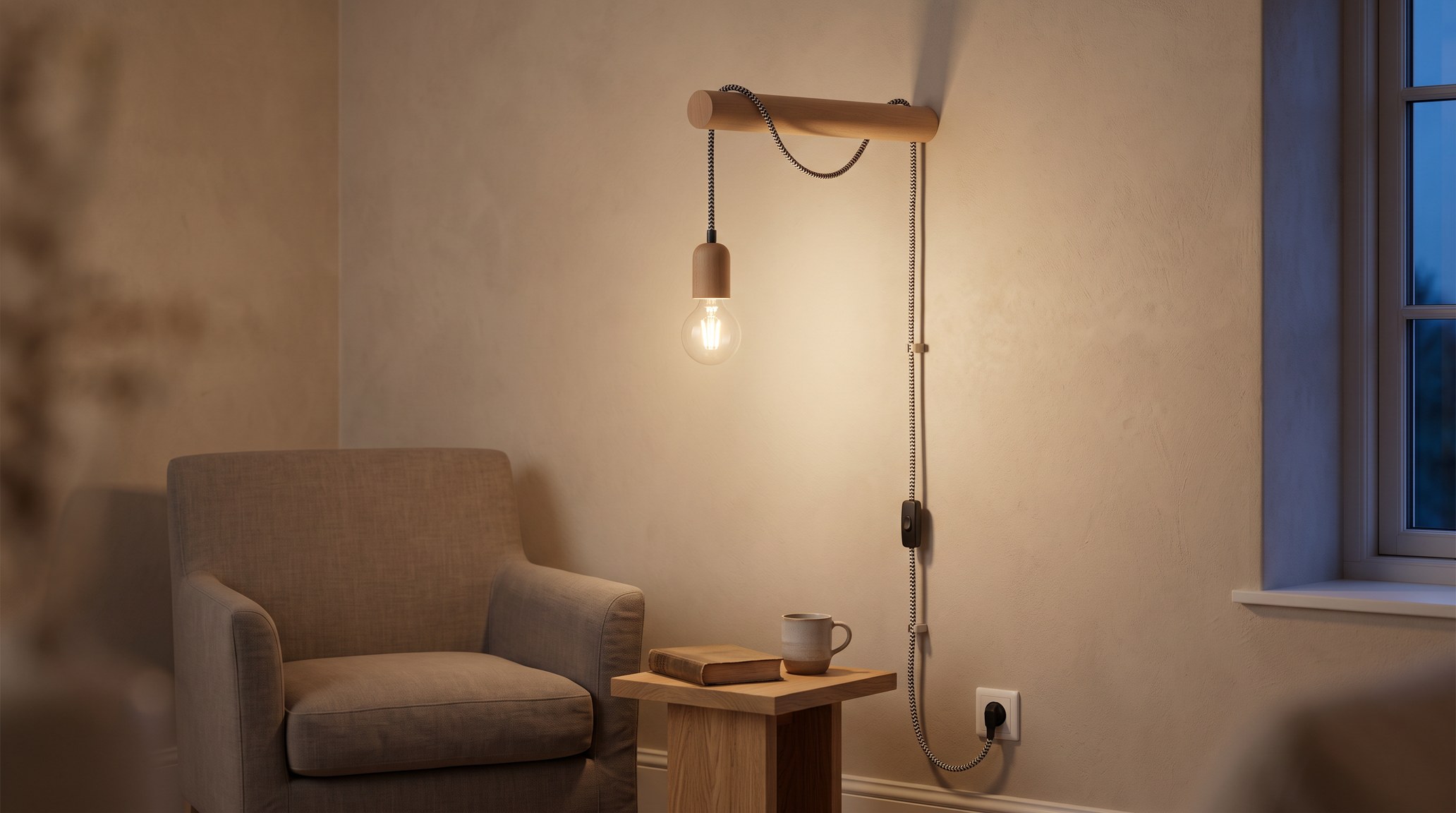 Natural wood wall light with a black and white fabric cord and a lit filament bulb above a linen armchair, the cord clipped down the wall to a socket, in the evening