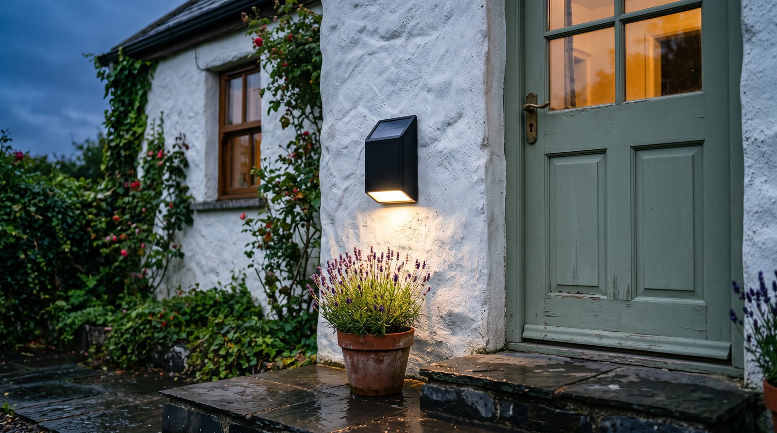 Black solar LED wall light lit beside the green front door of a whitewashed Irish cottage, with a pot of lavender on the wet slate step, at dusk