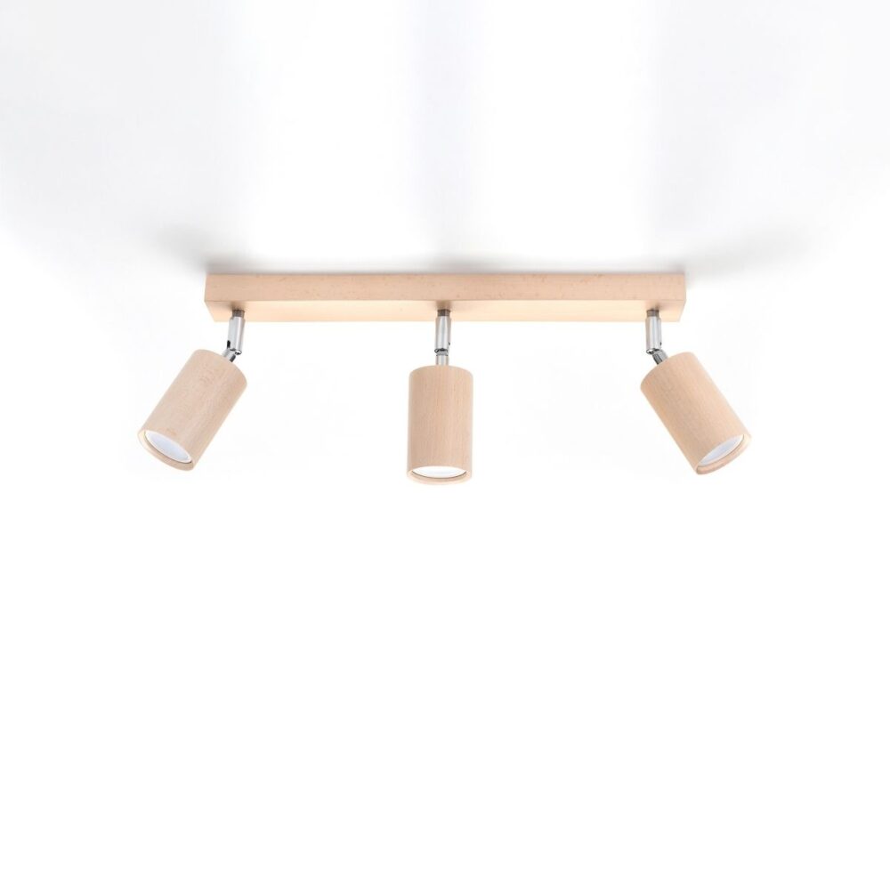 Natural wood ceiling light with 3 adjustable spotlights