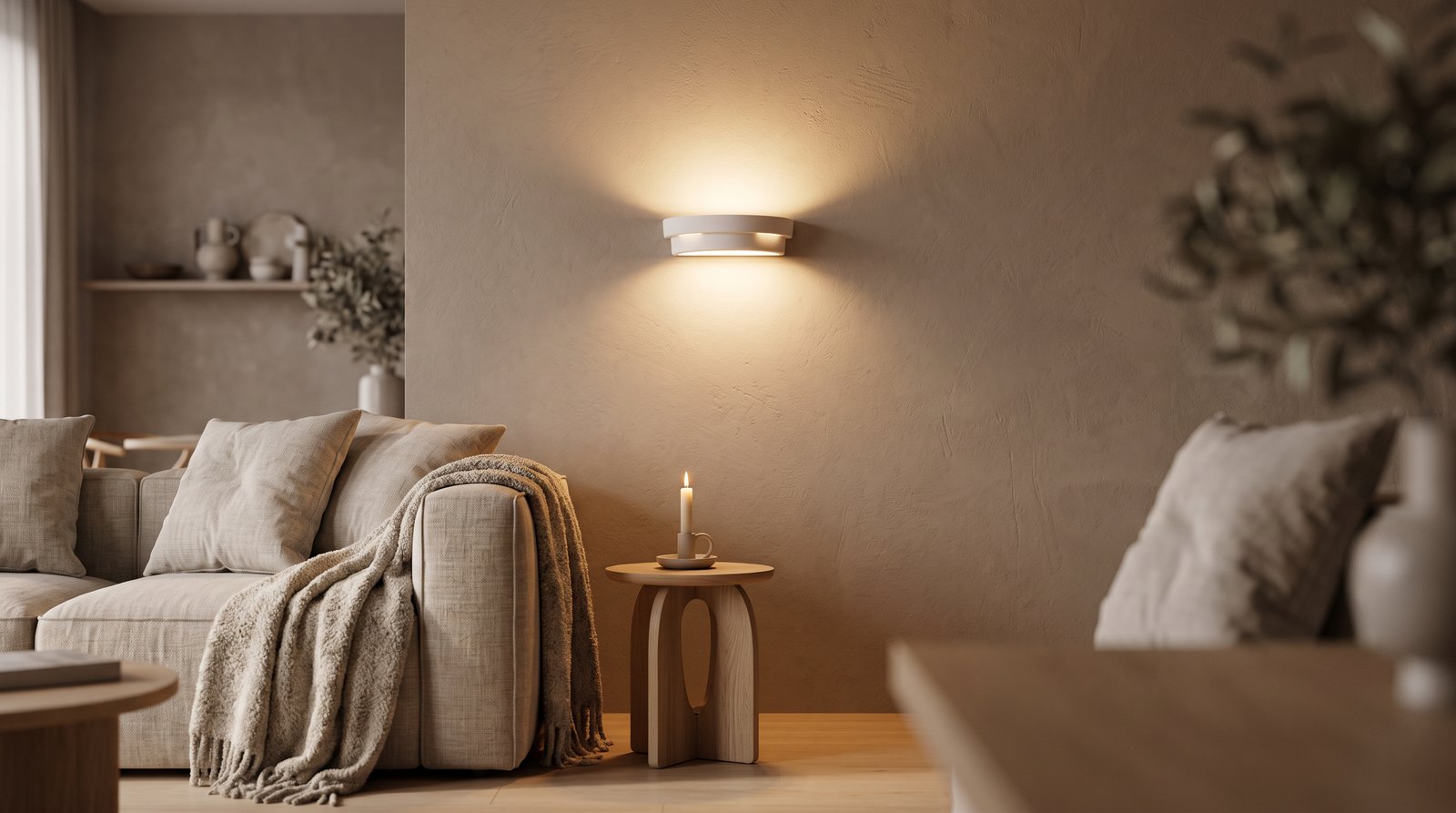 White half-moon ceramic wall light washing a textured taupe wall with warm light above a linen sofa and a candle on a wooden side table