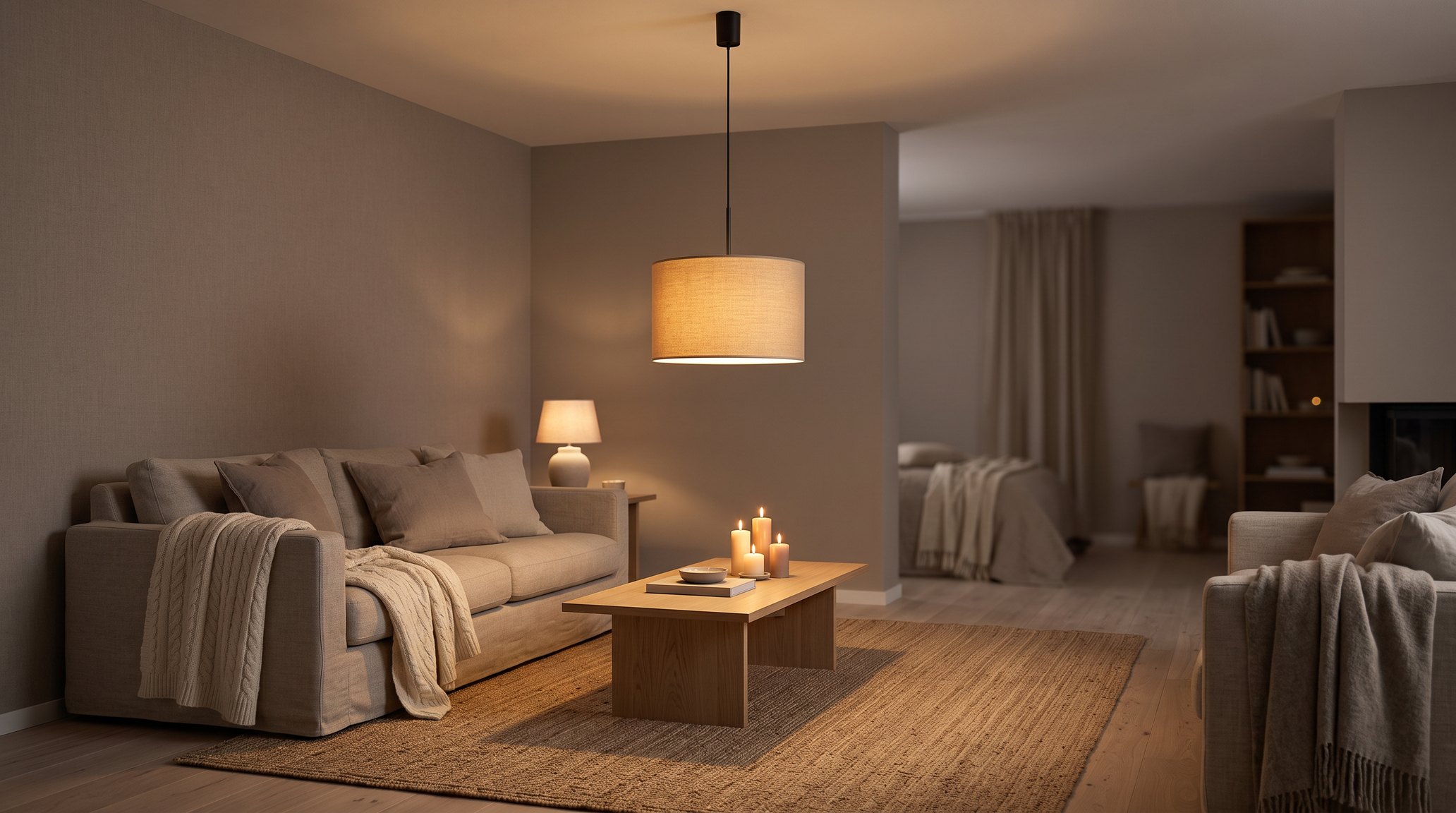 Beige fabric drum pendant light glowing above a wooden coffee table with candles, a linen sofa with throws and a small table lamp, in a warm living room in the evening
