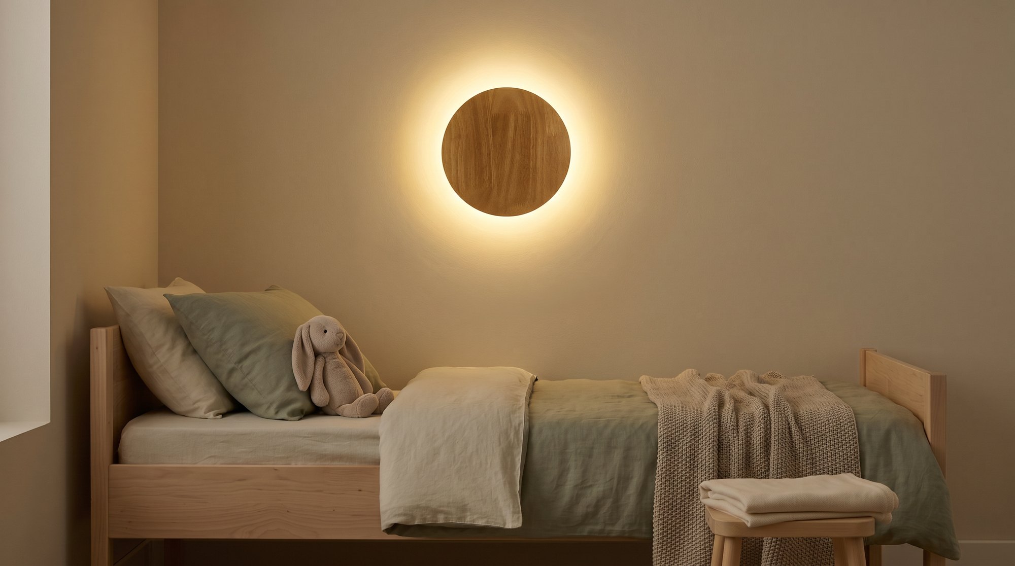 Round natural wood LED wall light glowing with a warm halo above a child's bed in a calm bedroom, in the evening
