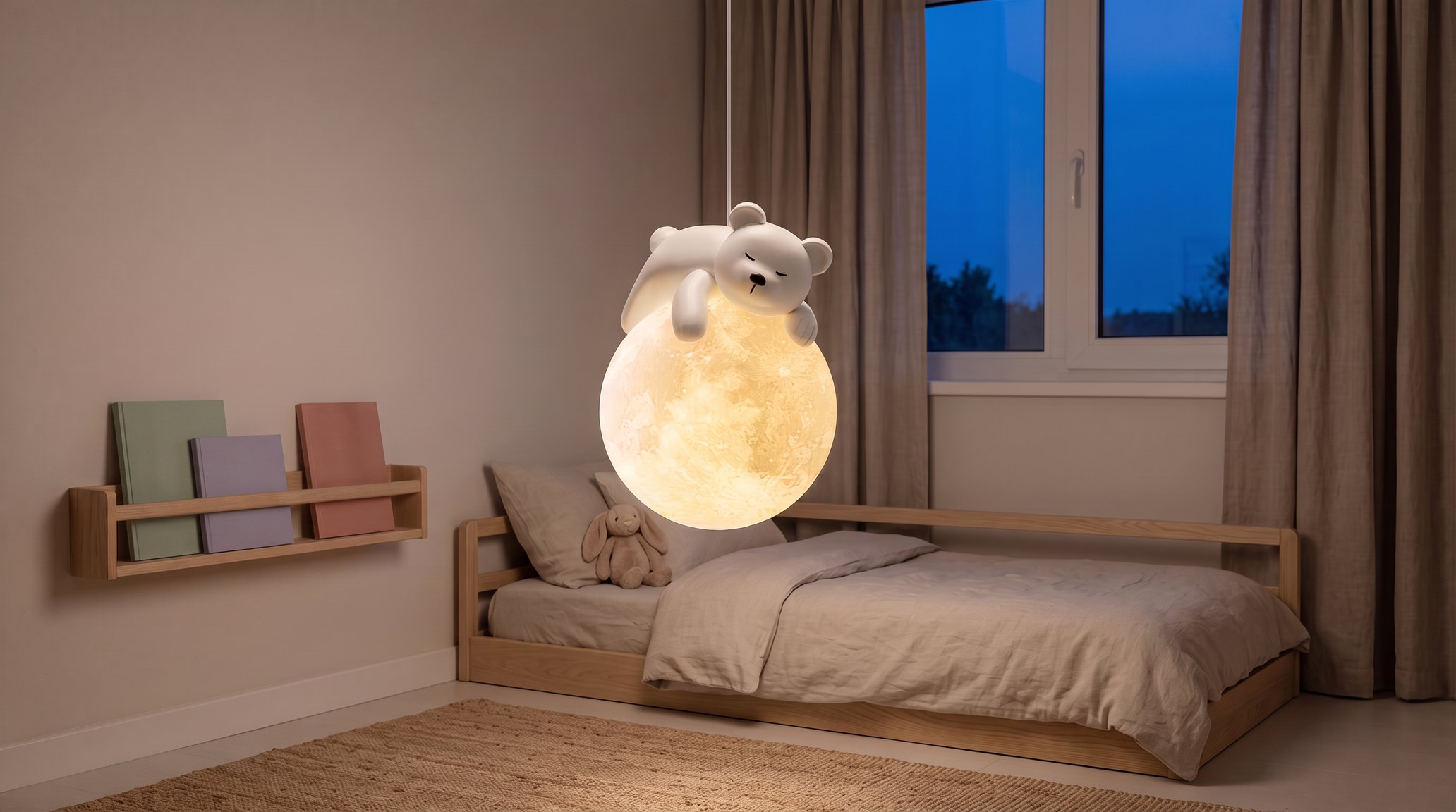 Pendant light shaped like a sleeping bear cub on a glowing moon, lit above a light wood child's bed, in the evening
