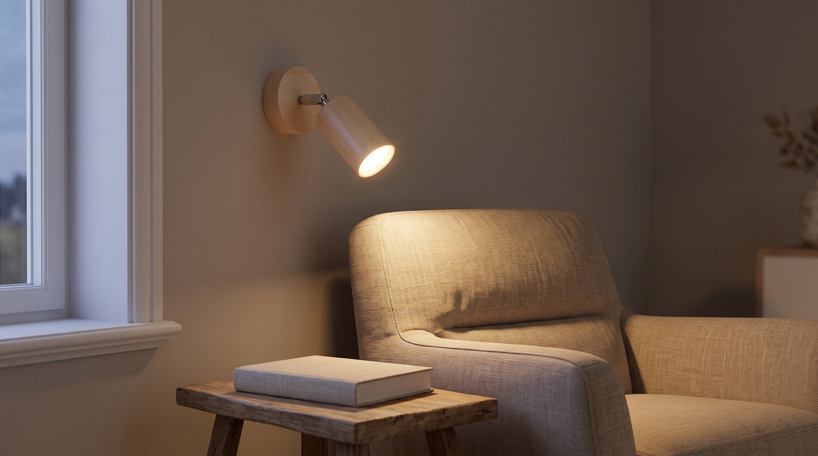 Natural wood adjustable spot wall light switched on above an armchair and a book in a living room in the evening