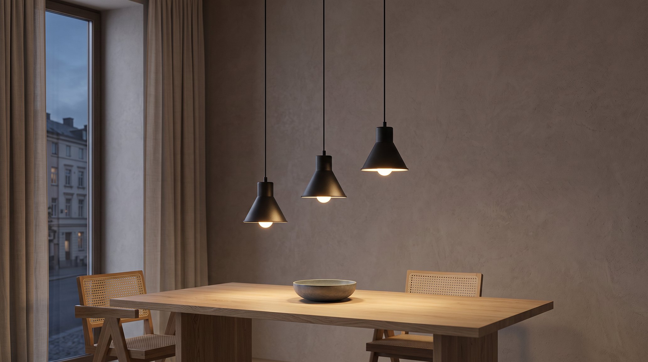 Three black steel cone shades lit above an oak dining table with cane chairs beside a tall window, in the evening
