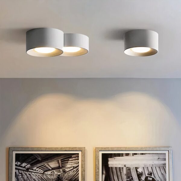 Three white cylindrical ceiling spotlights, two joined and one separate