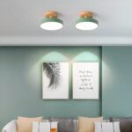 Pair of round wood topped ceiling lights in green above a living room