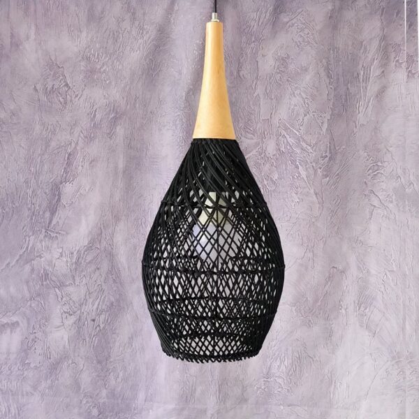 Black woven bamboo pendant light in a teardrop shape with a wood cap
