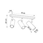 Dimensions diagram of the ceiling lamp with three spotlights on a 45cm bar