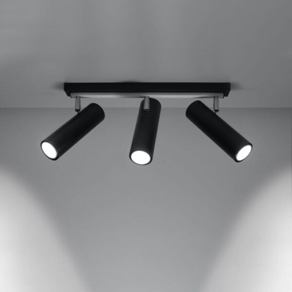 Black ceiling light with three adjustable cylindrical spotlights