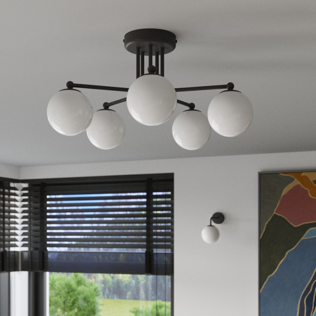 Living room with a five-globe ceiling light near a window with black blinds
