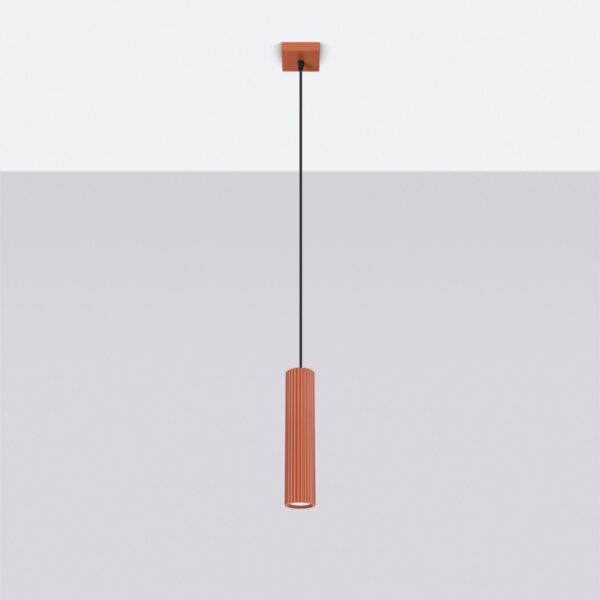 Terracotta ribbed cylindrical pendant light on a thin black cord