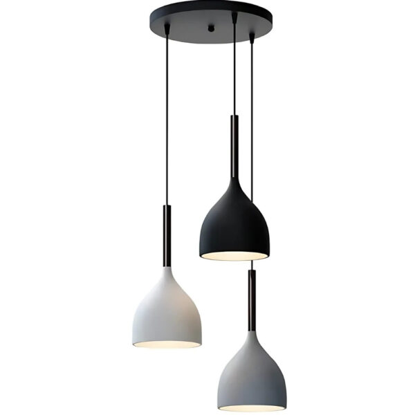Three dome pendant lights in white, black, and grey on one ceiling plate