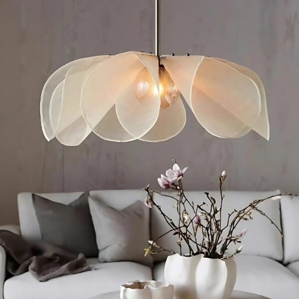 Cream fabric pendant light shaped like layered flower petals