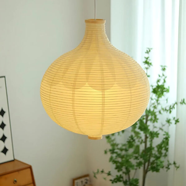 Cream paper lantern pendant light shaped like a bulbous gourd