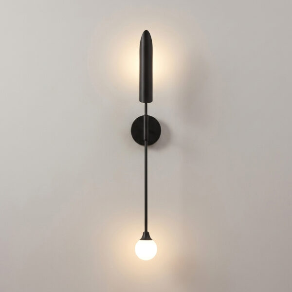 Black wall light with a bullet shaped top and a bare bulb hanging below