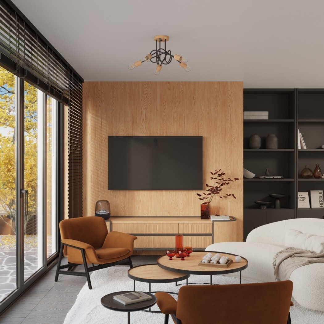 Round wooden ceiling light with tangled black wires above a wood panelled wall