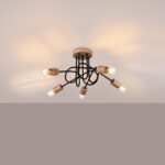 Black wire ceiling light with five wood bulb holders spread in a star shape