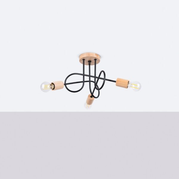 Three light ceiling lamp with wood sockets and looping black metal arms