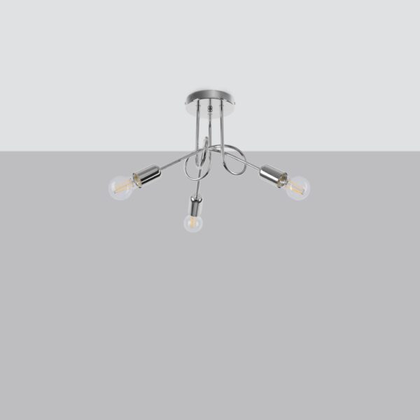 Chrome three arm ceiling light with curved stems and exposed bulbs