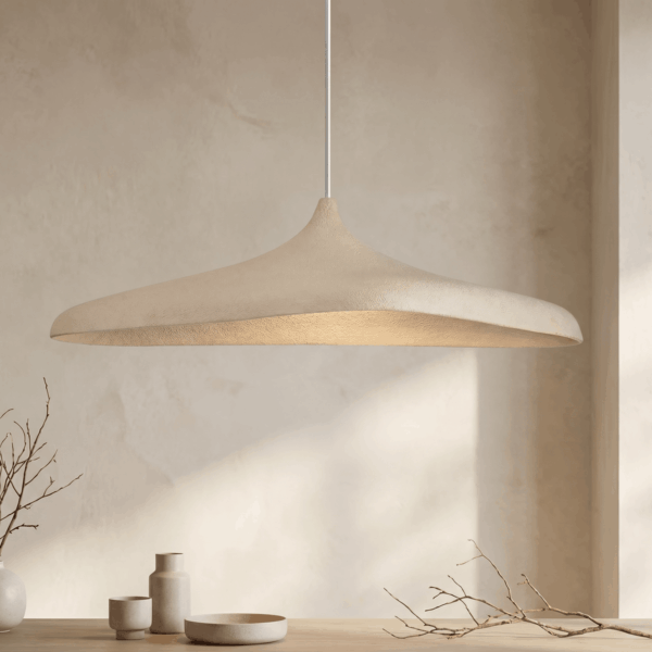 Flat cone-shaped pendant light in beige fibre, wabi-sabi style