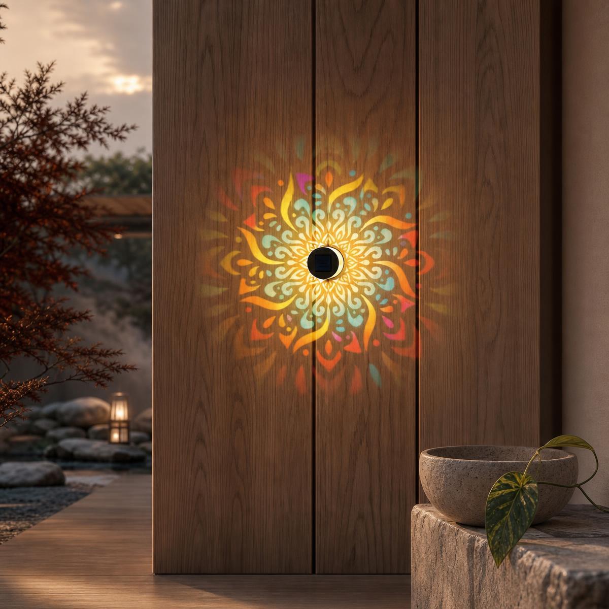 Mandala wall light casting a colourful floral pattern onto a wooden door at night
