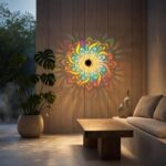 Mandala wall light lighting up a wood wall with colour beside an outdoor sofa