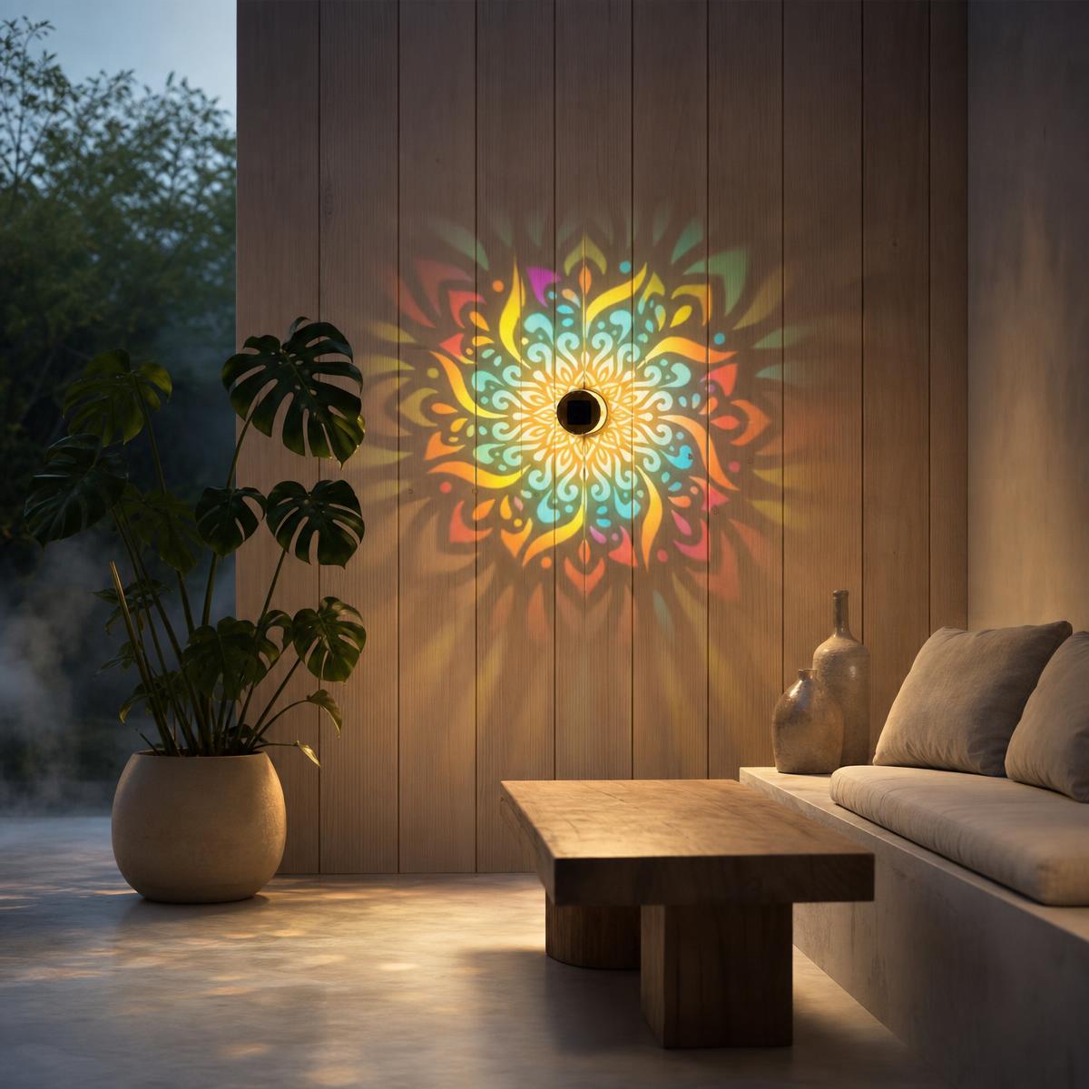 Mandala wall light lighting up a wood wall with colour beside an outdoor sofa