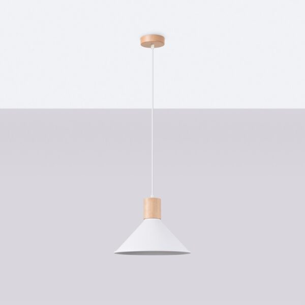 Minimalist cone shaped pendant light in white with a wood top fitting