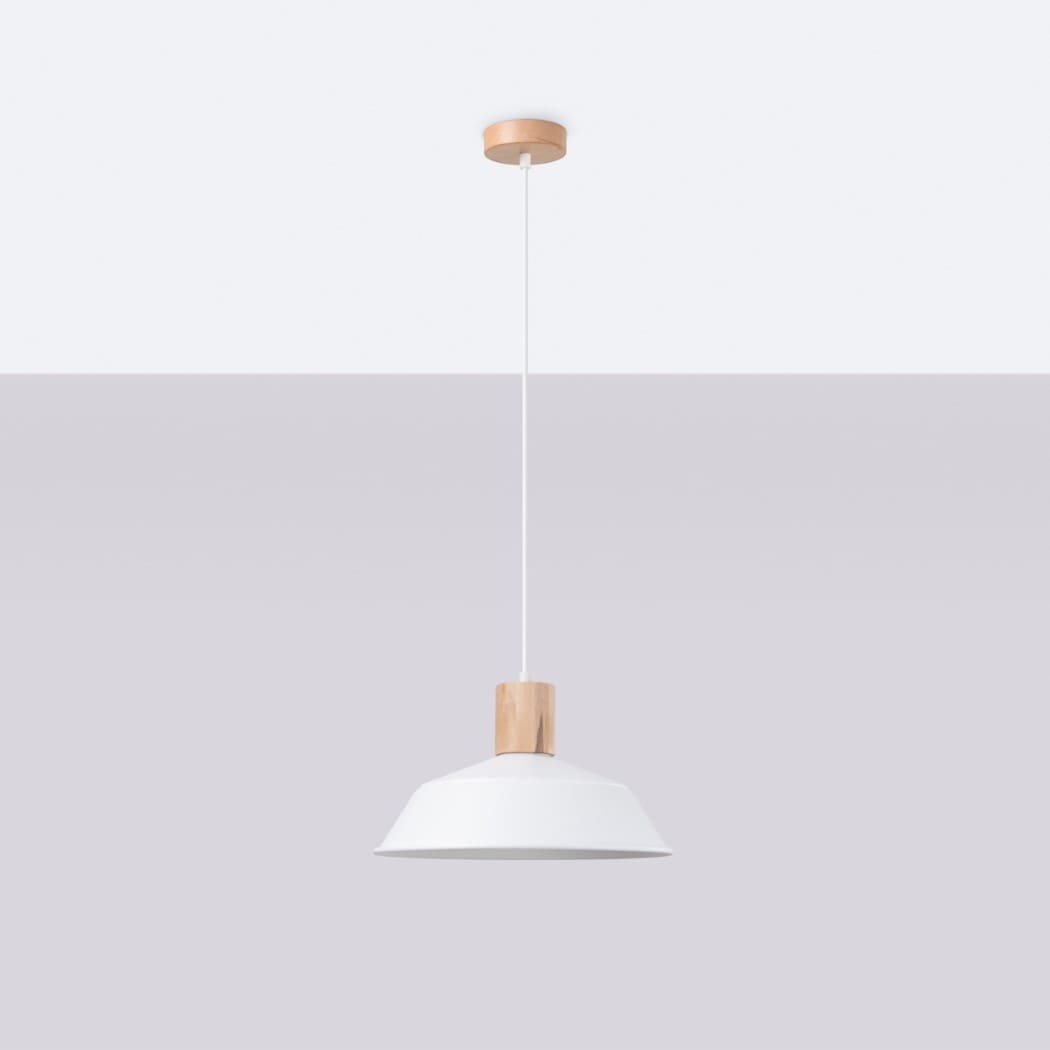 Pendant light with a light wood cap and a white dome-shaped metal shade