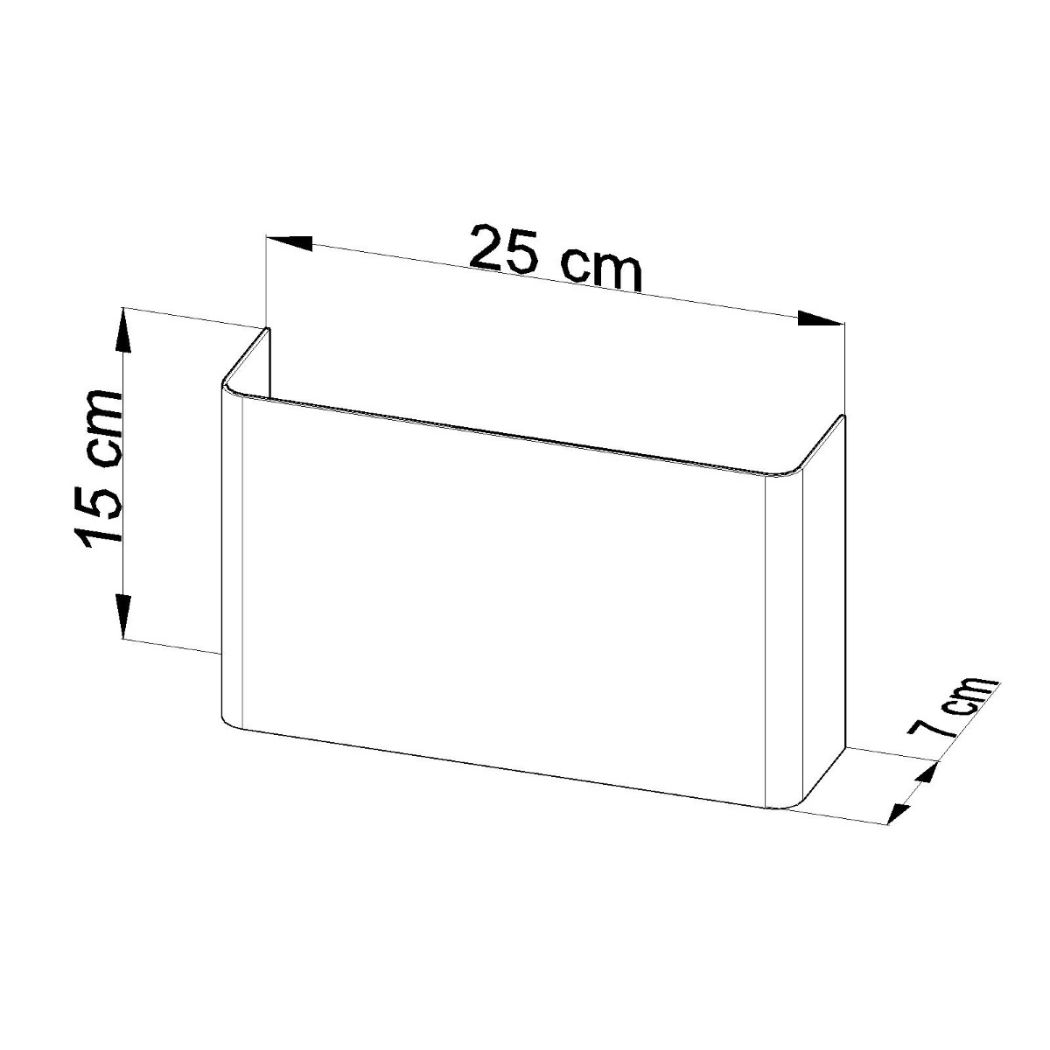 Dimensions diagram of the wall light with 25cm width, 15cm height and 7cm depth
