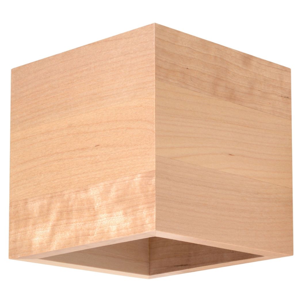 Cube shaped wall light in light wood, shown isolated and switched off