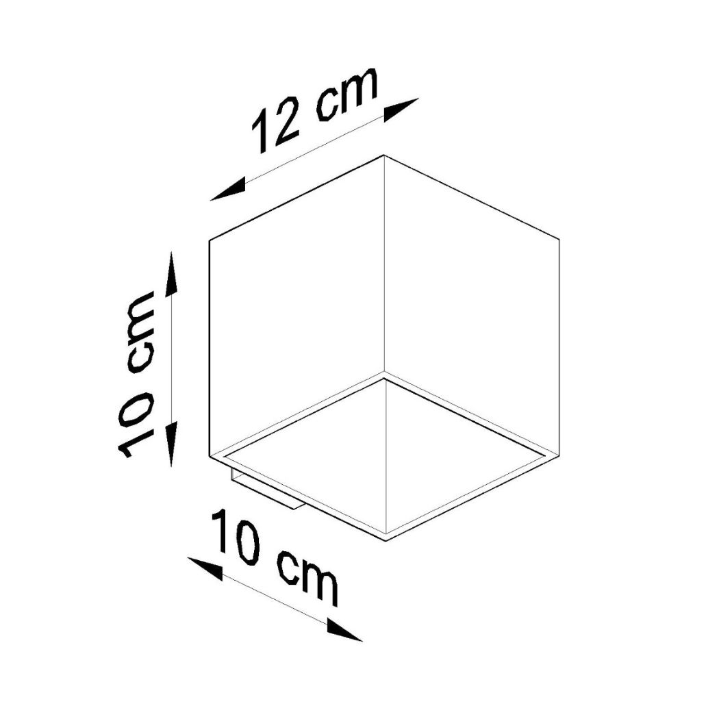 Dimensions diagram of the cube shaped wall light: 12 x 10 x 10 cm