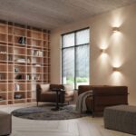 Living room with two cube shaped wooden wall lights beside a window