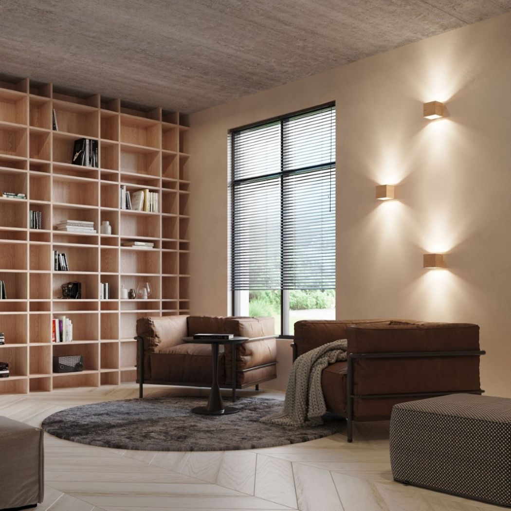 Living room with two cube shaped wooden wall lights beside a window