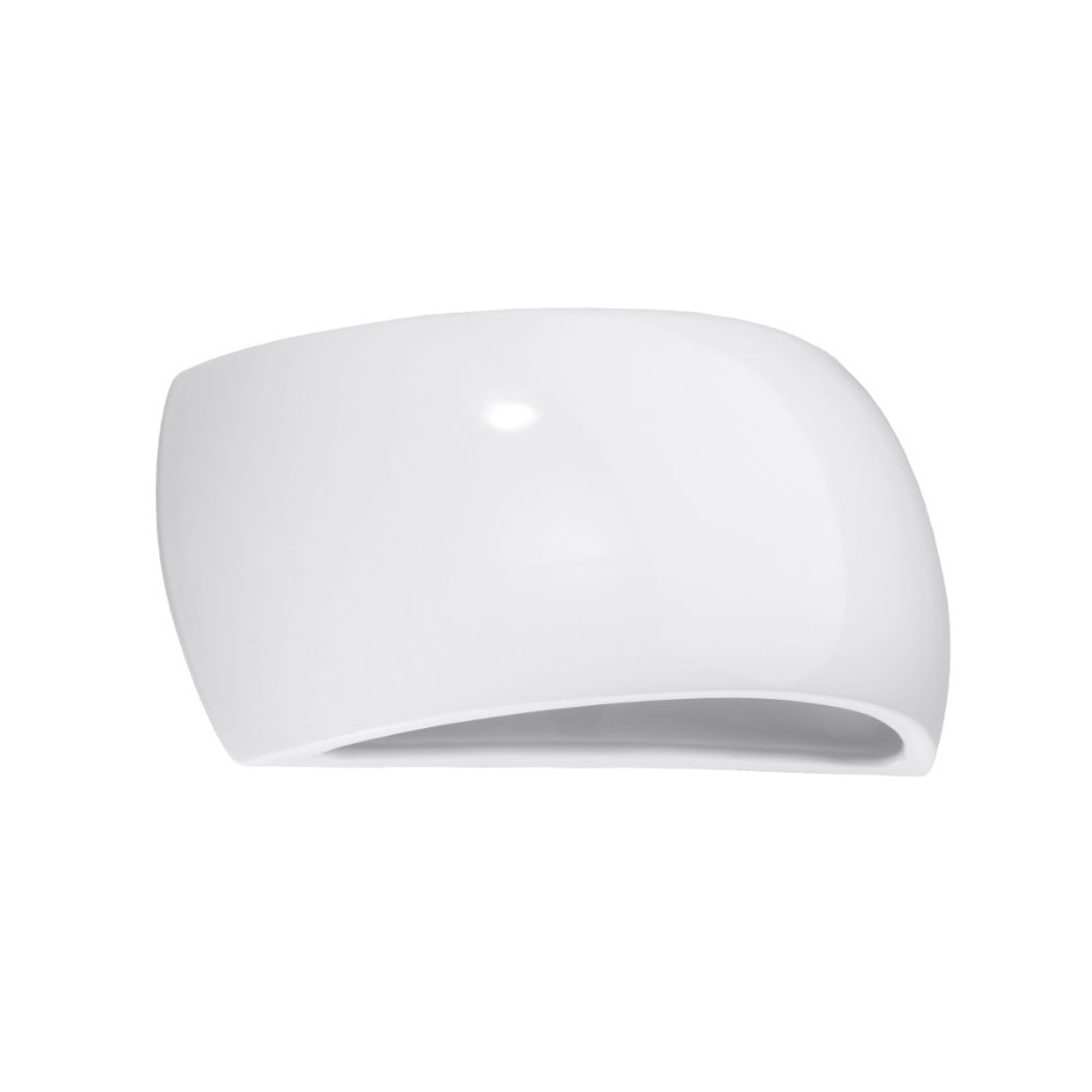 Glossy white half moon ceramic wall light shown off against a plain background