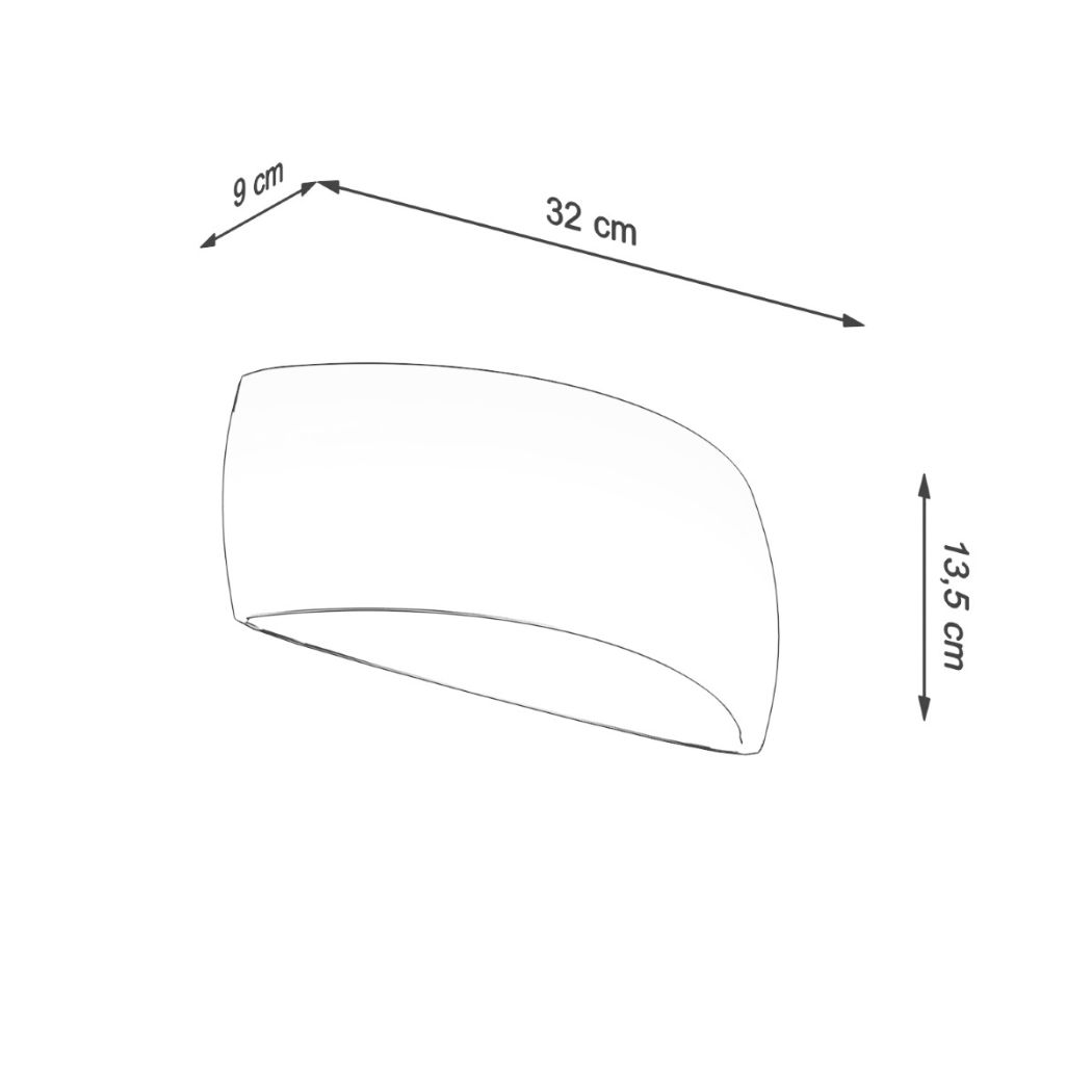 Line drawing of the half moon ceramic wall light with 9, 32 and 13.5 cm dimensions