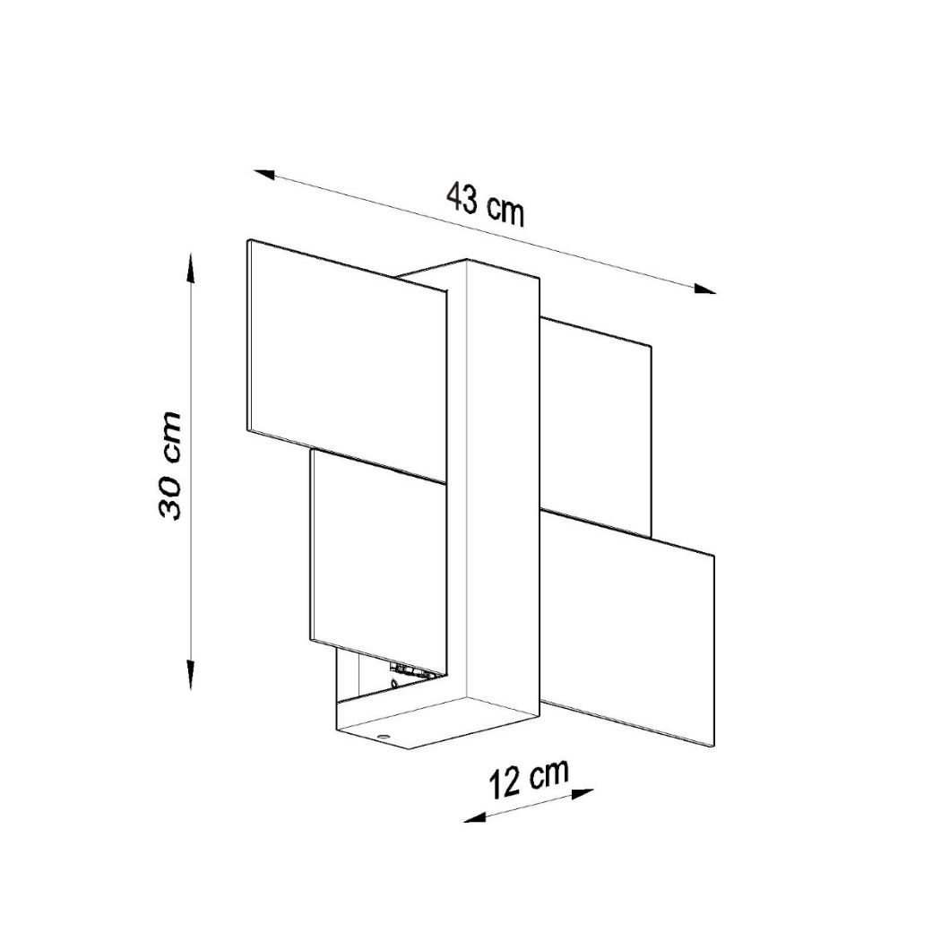 Dimensions diagram of the cross shaped wall light: 43 x 30 x 12 cm