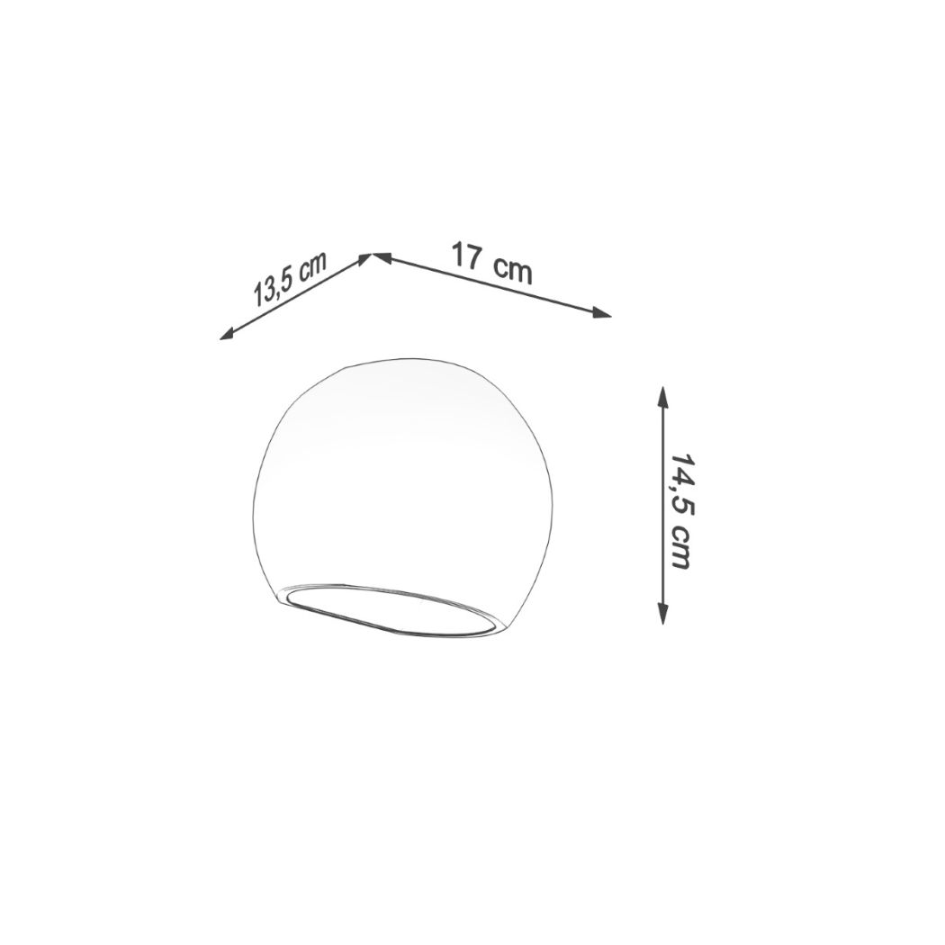Dimensions diagram of the dome wall light: 17 cm wide, 14.5 cm high