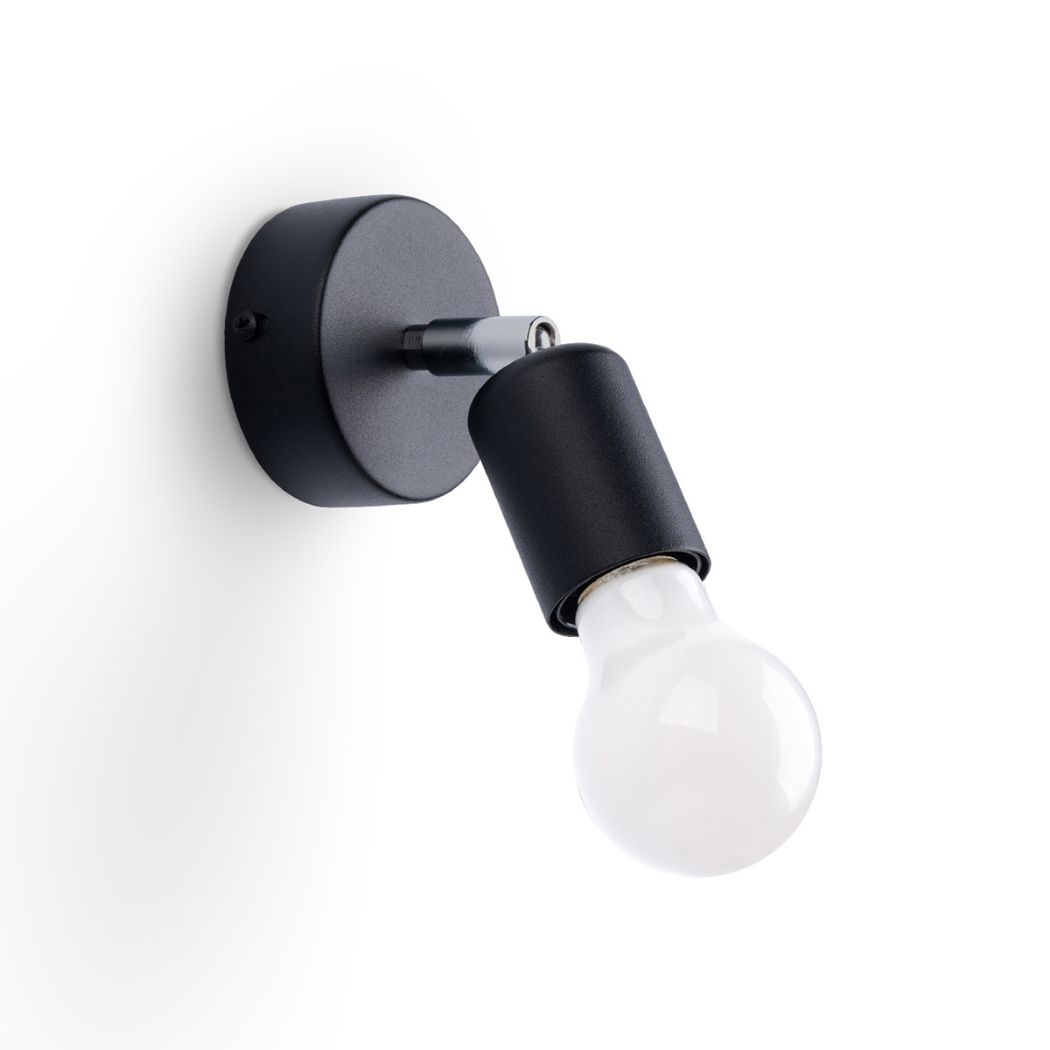 Black adjustable wall spotlight with an exposed bulb, shown isolated and off
