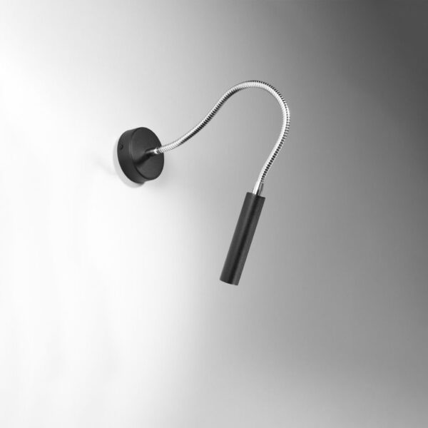 Black reading wall light with a flexible chrome gooseneck arm